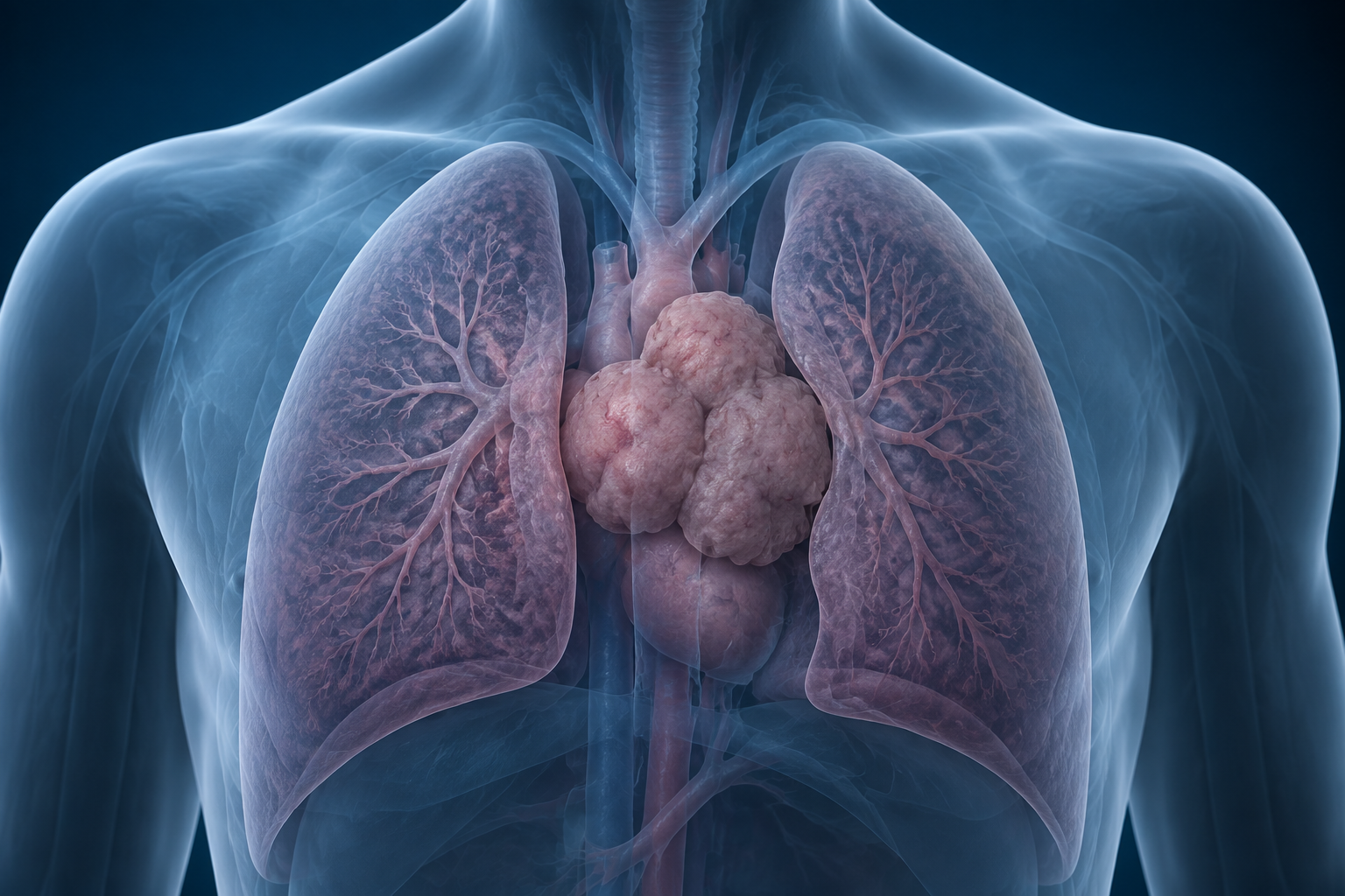 Ilustración médica representativa de un tumor lobulado del mediastino